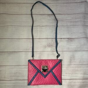 Vintage Cara USA Pink Blue Clutch and Crossbody Strap Faux Croc Texture Envelope